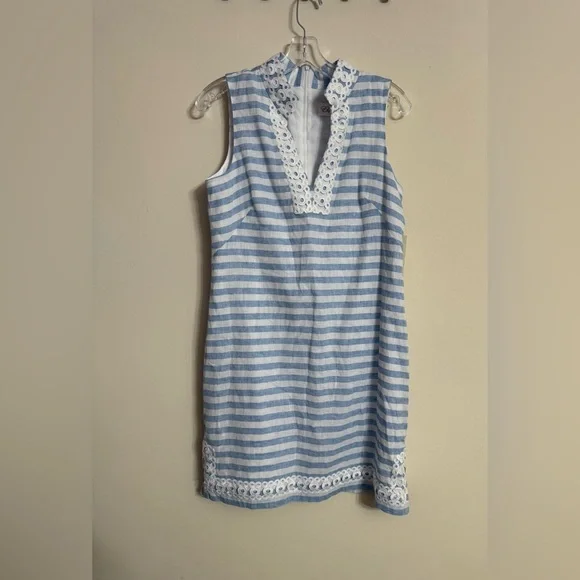 ELIZA J Sleeveless Shift Mini Embroidered Dress Blue White Stripe Size 10 - Picture 1 of 5